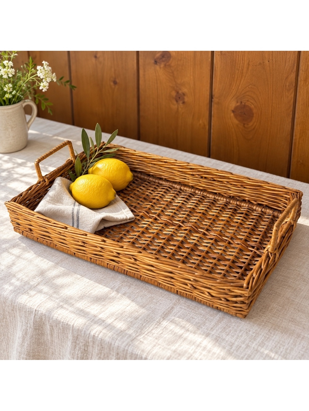 Vintage Wicker Serving Tray With Handles, Honey Brown Woven Basket 16 x 11